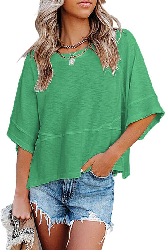 ✨2026 HOT SALE 50% OFF💃🌸Women's Solid Color Splicing Loose Five Points Flare Sleeve T-Shirt
