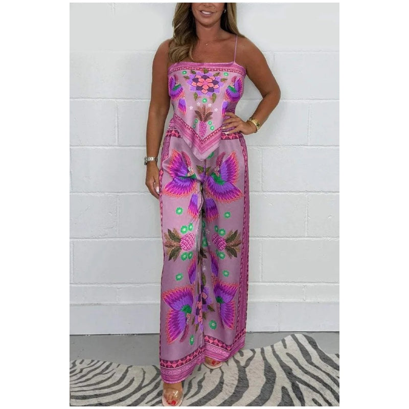 🔥New Arrival- 49% OFF💝Women's Exotic Spaghetti Strap Printed Top & Loose Pants 2-Piece Set