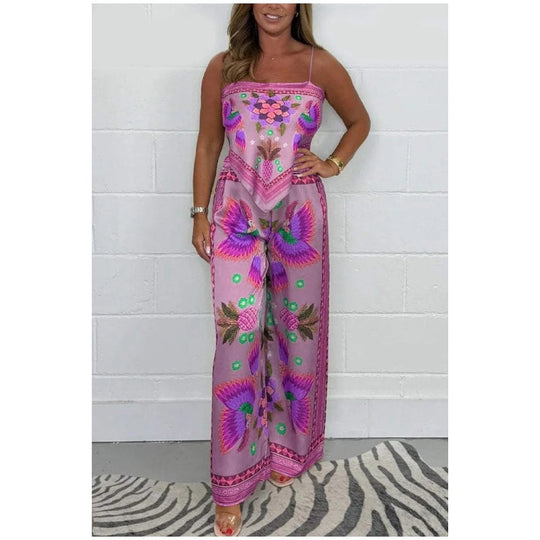🔥New Arrival- 49% OFF💝Women's Exotic Spaghetti Strap Printed Top & Loose Pants 2-Piece Set
