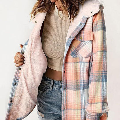 ⏰Free shipping⏰Women's Thickened Flannel Long Sleeve Plaid Jacket Coat With Hood