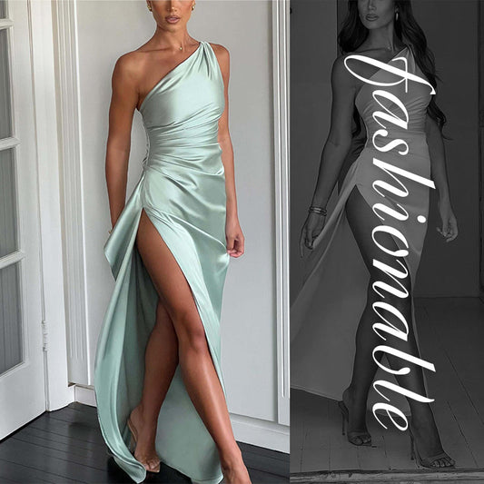 💜Cumpără 2 bucăți cu livrare gratuită💜Rochie maxi elegantă din satin, cu un umăr, model cocktail, decoltată, stil feminin, pentru nuntă și petrecere