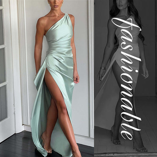 💜Acquista 2 Spedizione gratuita💜Abito lungo da cerimonia da donna, sexy, in raso, con una spalla e spacco alto, da cocktail, per matrimoni