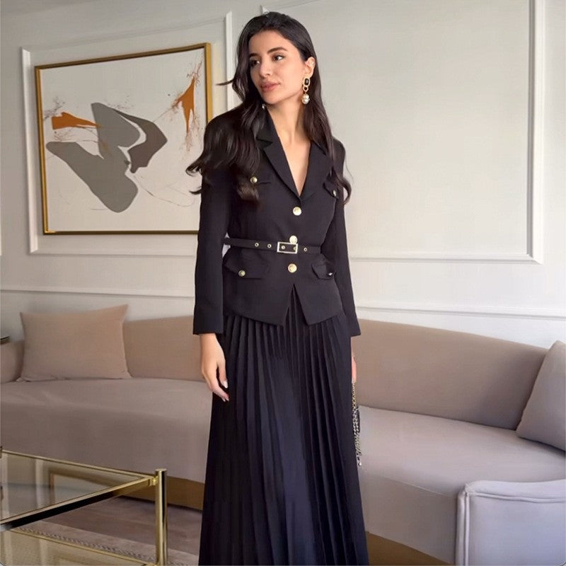 ✨Ny ankomst✨Damkavaj med slag & Plisserad maxikjol 2-delat set med matchande skärp