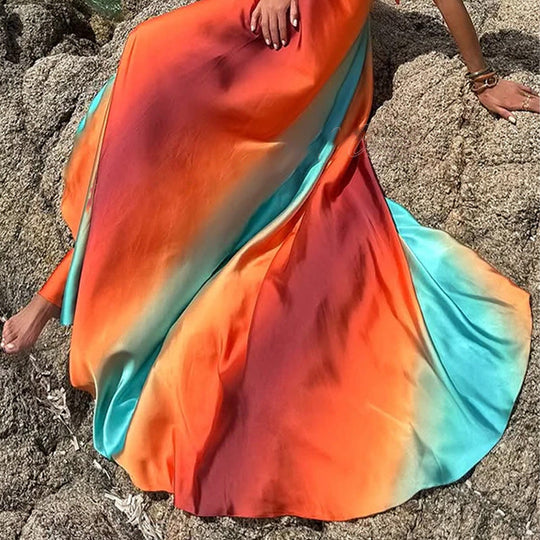 ✨New Arrival 50% OFF✨Neon Sunset Printed Metal Decoration Cutout Back Tie-up Vacation Maxi Dress | Back Cutout & Tie Detail