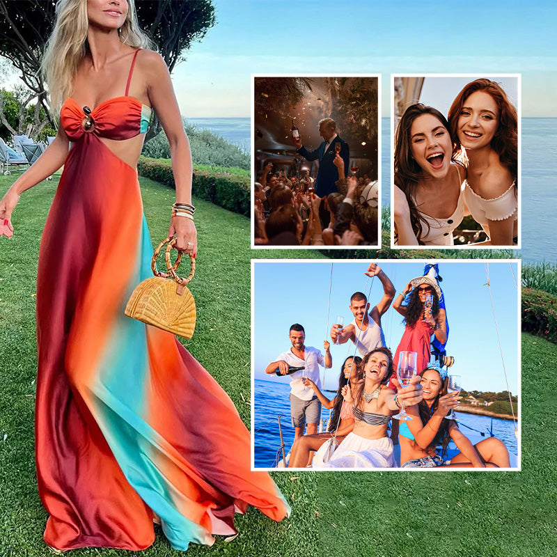 ✨New Arrival 50% OFF✨Neon Sunset Printed Metal Decoration Cutout Back Tie-up Vacation Maxi Dress | Back Cutout & Tie Detail