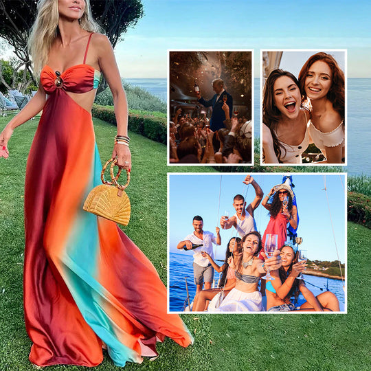 ✨New Arrival 50% OFF✨Neon Sunset Printed Metal Decoration Cutout Back Tie-up Vacation Maxi Dress | Back Cutout & Tie Detail