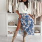 Women's Crew Neck Top & Printed Belted Skirt Set - Versatile Matching Outfit for Every Occasion