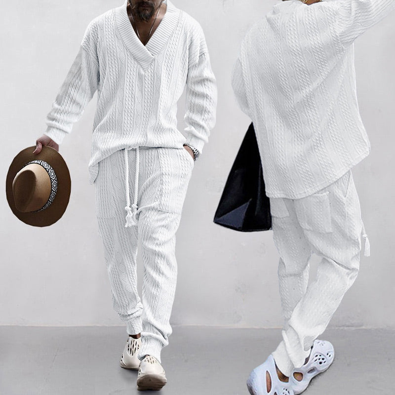Men's Jacquard Drop Shoulder V Neck Top & Drawstring Waist Pants, Casual Fashion Pullover & Pocket Trousers for Daily Wear