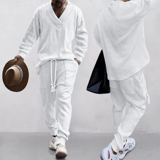 Men's Jacquard Drop Shoulder V Neck Top & Drawstring Waist Pants, Casual Fashion Pullover & Pocket Trousers for Daily Wear