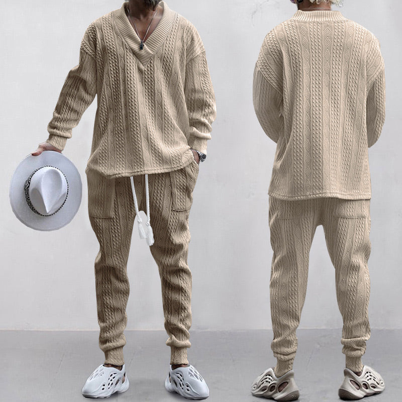 Men's Jacquard Drop Shoulder V Neck Top & Drawstring Waist Pants, Casual Fashion Pullover & Pocket Trousers for Daily Wear