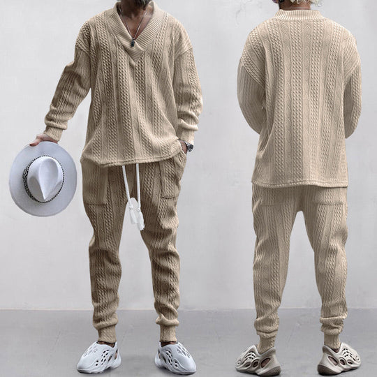Men's Jacquard Drop Shoulder V Neck Top & Drawstring Waist Pants, Casual Fashion Pullover & Pocket Trousers for Daily Wear