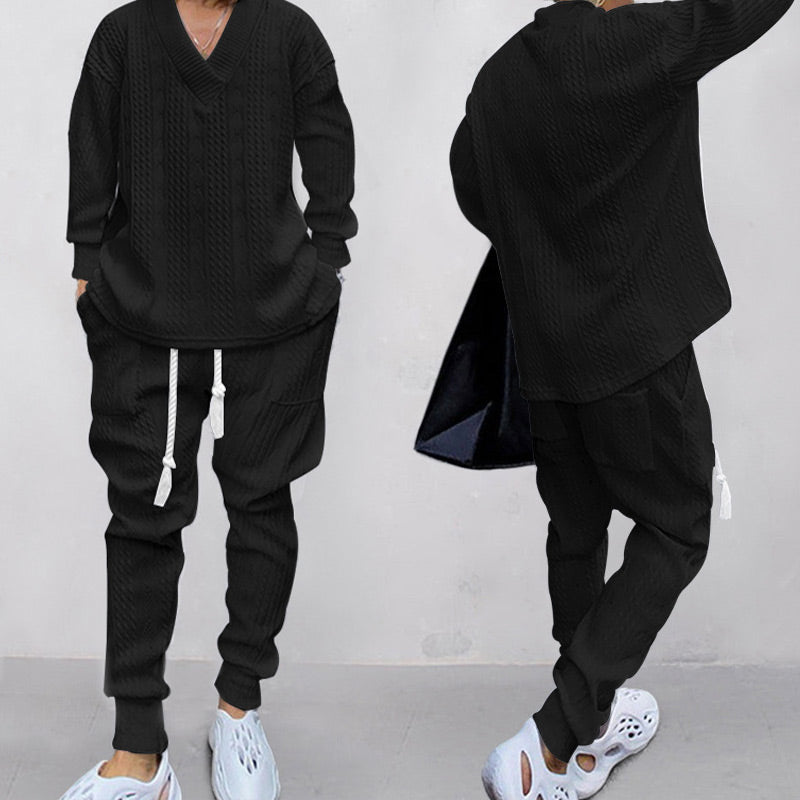 Men's Jacquard Drop Shoulder V Neck Top & Drawstring Waist Pants, Casual Fashion Pullover & Pocket Trousers for Daily Wear