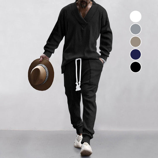 Men's Jacquard Drop Shoulder V Neck Top & Drawstring Waist Pants, Casual Fashion Pullover & Pocket Trousers for Daily Wear