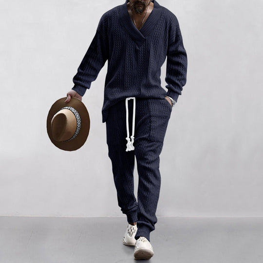 Men's Jacquard Drop Shoulder V Neck Top & Drawstring Waist Pants, Casual Fashion Pullover & Pocket Trousers for Daily Wear