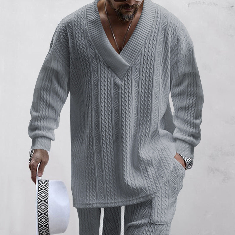 Men's Jacquard Drop Shoulder V Neck Top & Drawstring Waist Pants, Casual Fashion Pullover & Pocket Trousers for Daily Wear