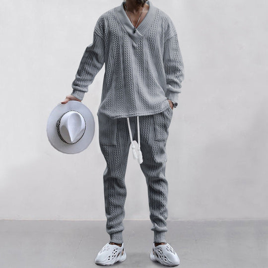 Men's Jacquard Drop Shoulder V Neck Top & Drawstring Waist Pants, Casual Fashion Pullover & Pocket Trousers for Daily Wear