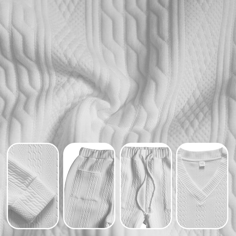 Men's Jacquard Drop Shoulder V Neck Top & Drawstring Waist Pants, Casual Fashion Pullover & Pocket Trousers for Daily Wear