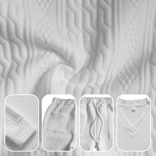 Men's Jacquard Drop Shoulder V Neck Top & Drawstring Waist Pants, Casual Fashion Pullover & Pocket Trousers for Daily Wear