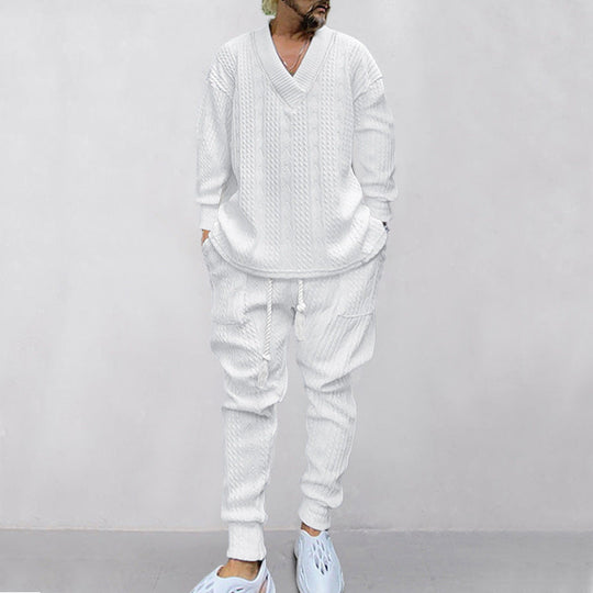 Men's Jacquard Drop Shoulder V Neck Top & Drawstring Waist Pants, Casual Fashion Pullover & Pocket Trousers for Daily Wear