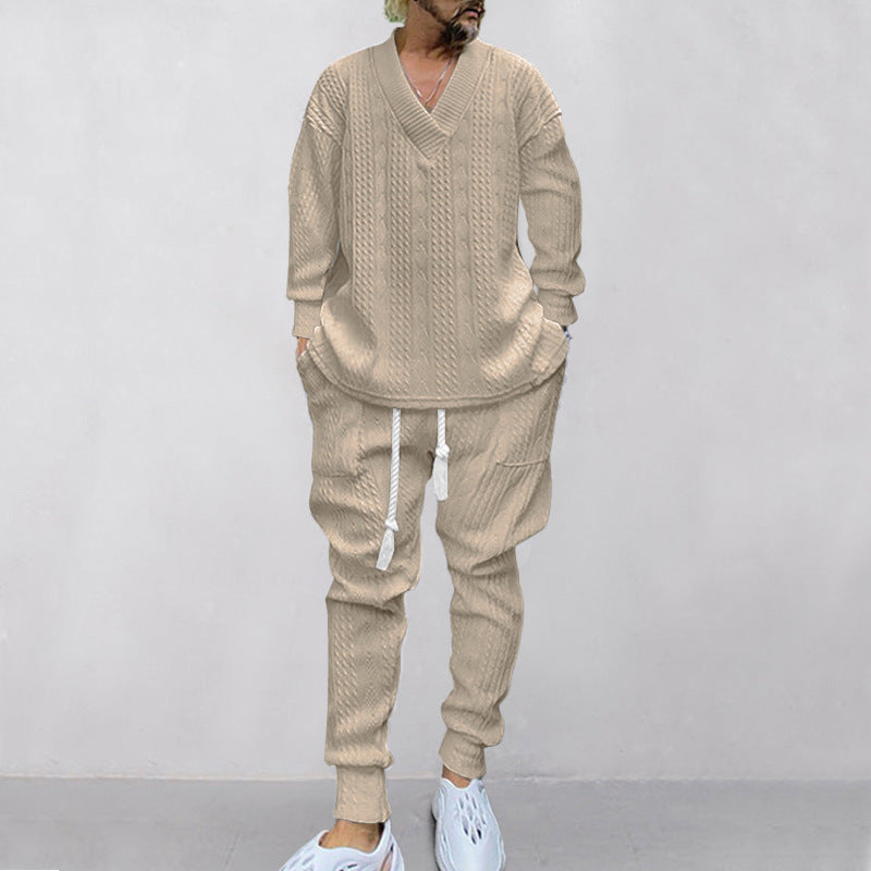 Men's Jacquard Drop Shoulder V Neck Top & Drawstring Waist Pants, Casual Fashion Pullover & Pocket Trousers for Daily Wear