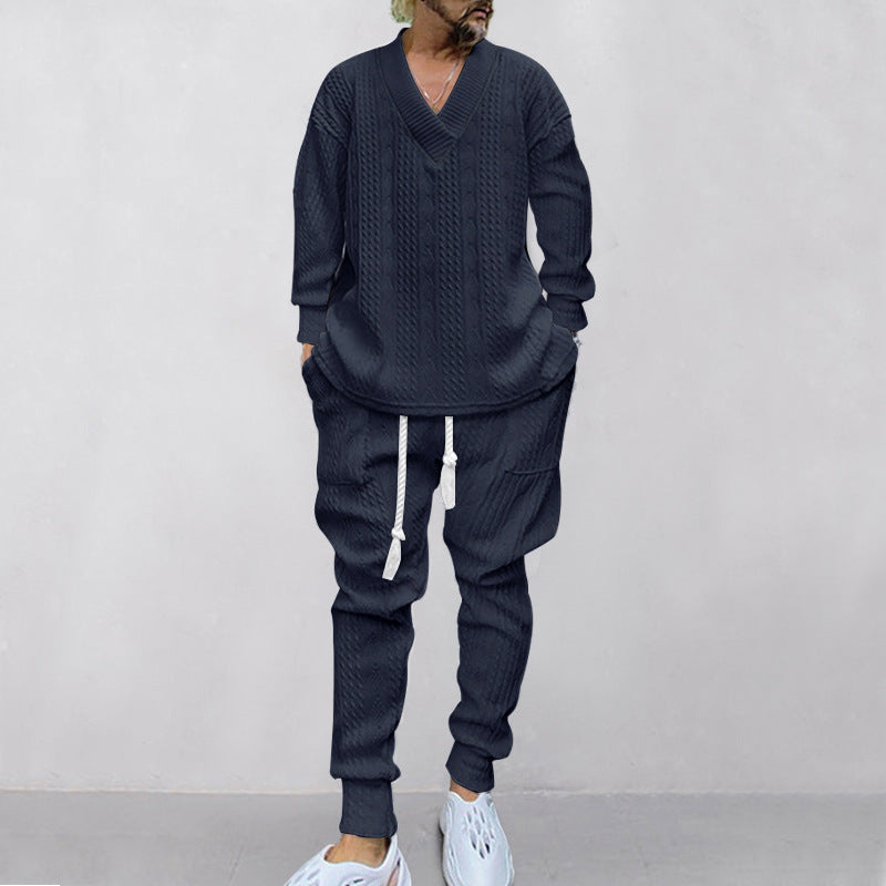 Men's Jacquard Drop Shoulder V Neck Top & Drawstring Waist Pants, Casual Fashion Pullover & Pocket Trousers for Daily Wear