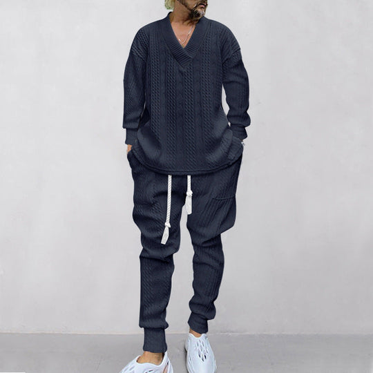 Men's Jacquard Drop Shoulder V Neck Top & Drawstring Waist Pants, Casual Fashion Pullover & Pocket Trousers for Daily Wear