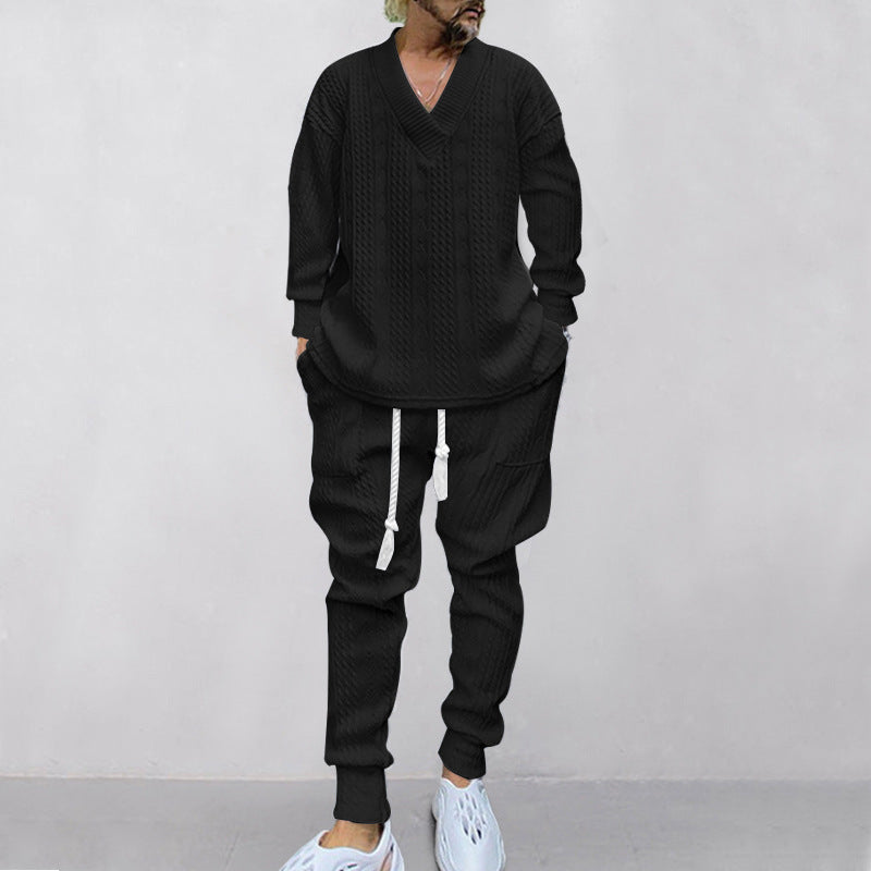 Men's Jacquard Drop Shoulder V Neck Top & Drawstring Waist Pants, Casual Fashion Pullover & Pocket Trousers for Daily Wear