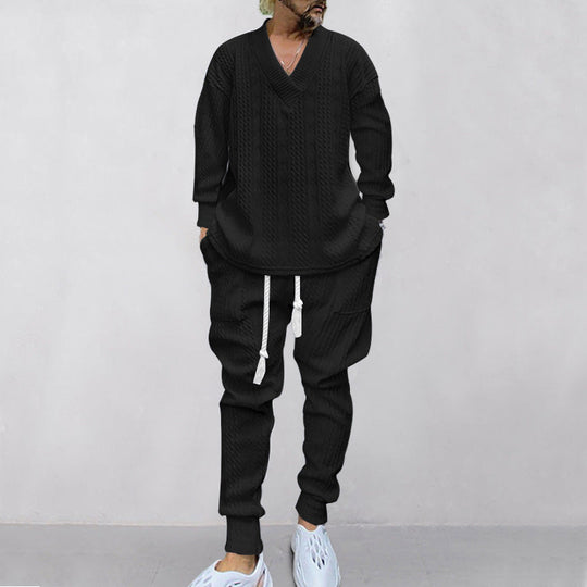 Men's Jacquard Drop Shoulder V Neck Top & Drawstring Waist Pants, Casual Fashion Pullover & Pocket Trousers for Daily Wear
