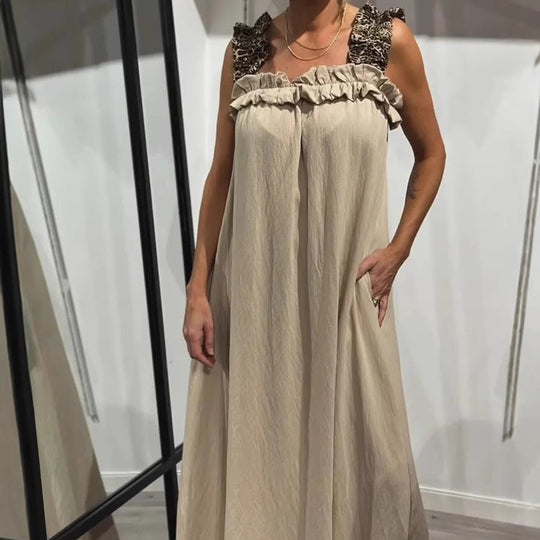 💖Hot Sale 50% OFF💖2025 Spring/Summer New Vacation Women's Casual Strap Splicing Leopard Pattern Pocket Cotton Hemp Dress