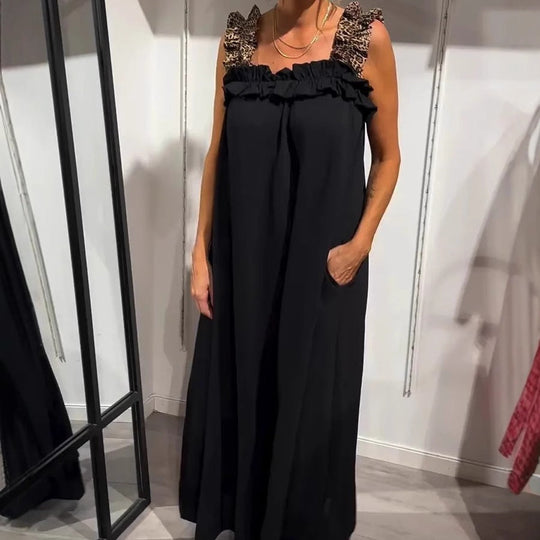 💖Hot Sale 50% OFF💖2025 Spring/Summer New Vacation Women's Casual Strap Splicing Leopard Pattern Pocket Cotton Hemp Dress