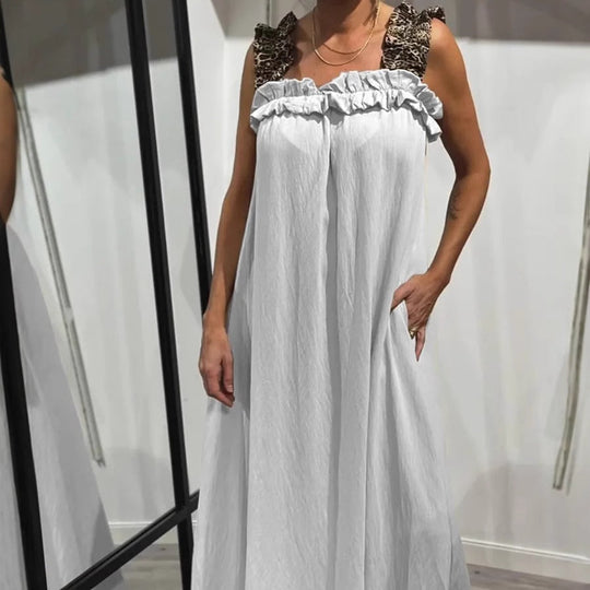 💖Hot Sale 50% OFF💖2025 Spring/Summer New Vacation Women's Casual Strap Splicing Leopard Pattern Pocket Cotton Hemp Dress