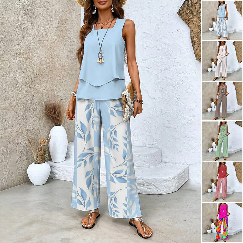 🔥 Hot Sale 50% OFF🌺Women's Trendy Print 2 Piece Outfits Sleeveless Top & Pants | V-Cut Top + High-Waist Pants | Trendy Loungewear