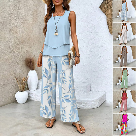 🔥 Hot Sale 50% OFF🌺Women's Trendy Print 2 Piece Outfits Sleeveless Top & Pants | V-Cut Top + High-Waist Pants | Trendy Loungewear