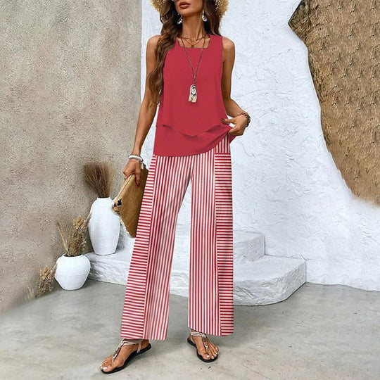 🔥 Hot Sale 50% OFF🌺Women's Trendy Print 2 Piece Outfits Sleeveless Top & Pants | V-Cut Top + High-Waist Pants | Trendy Loungewear