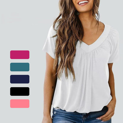✨Noutăți Reducere 50%✨Top casual plisat cu decolteu în V și mânecă scurtă pentru femei👚Culori solide atemporale pentru orice ținută