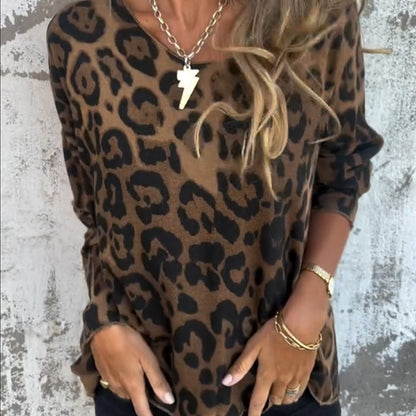 💖【RETRO READY】Women's Leopard Print Crew Neck Stretch Top🐆 | Breathable Cotton Blend
