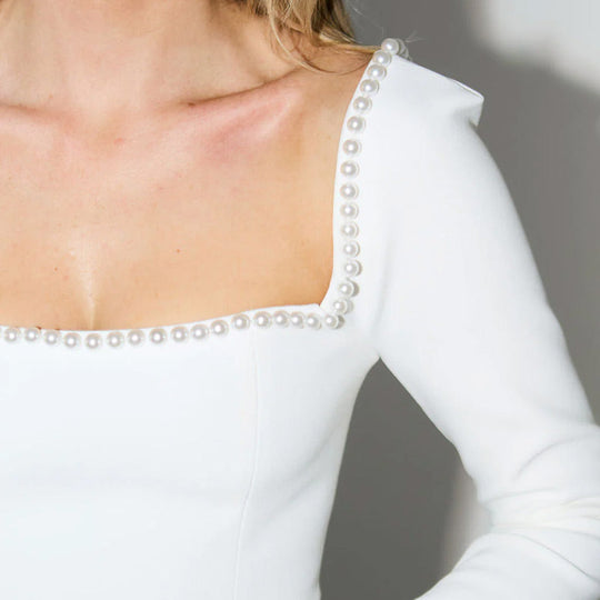 🔺Mini abito a maniche lunghe con scollo quadrato decorato con perle🔺| Scollatura con effetto ottico | Cuciture che sollevano il seno | Dettagli in perle che attirano lo sguardo verso l'alto