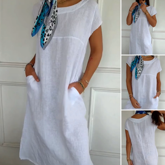 🌼[SNABBREA] Damklänning i bomull och linne med rund hals och kort ärm - 50 % RABATT! Ultra-ventilerande & Anti-rynkor | Sommaressentiellt