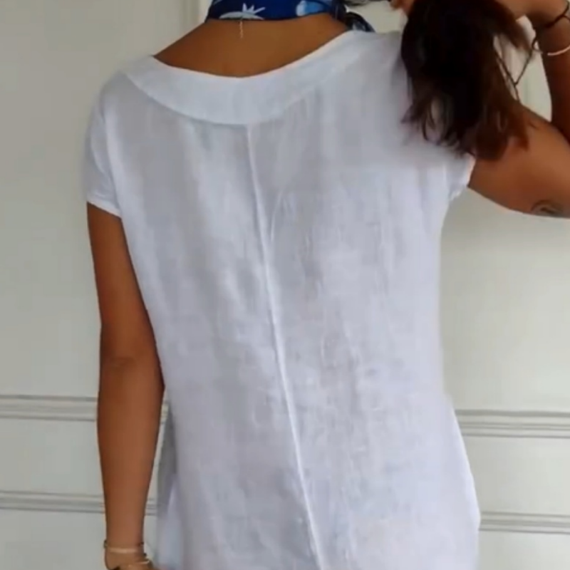 🌼[SNABBREA] Damklänning i bomull och linne med rund hals och kort ärm - 50 % RABATT! Ultra-ventilerande & Anti-rynkor | Sommaressentiellt