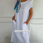 🌼[FLASH SALE] Women's Round Neck Short Sleeve Cotton Linen Dress - 50% OFF! Ultra-Breathable & Anti-Wrinkle | Summer Essential
