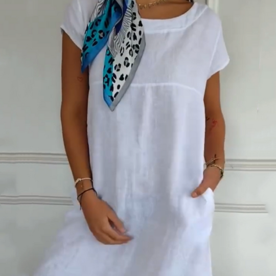 🌼[SNABBREA] Damklänning i bomull och linne med rund hals och kort ärm - 50 % RABATT! Ultra-ventilerande & Anti-rynkor | Sommaressentiellt