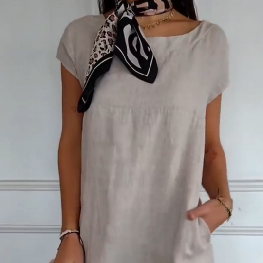 🌼[SNABBREA] Damklänning i bomull och linne med rund hals och kort ärm - 50 % RABATT! Ultra-ventilerande & Anti-rynkor | Sommaressentiellt