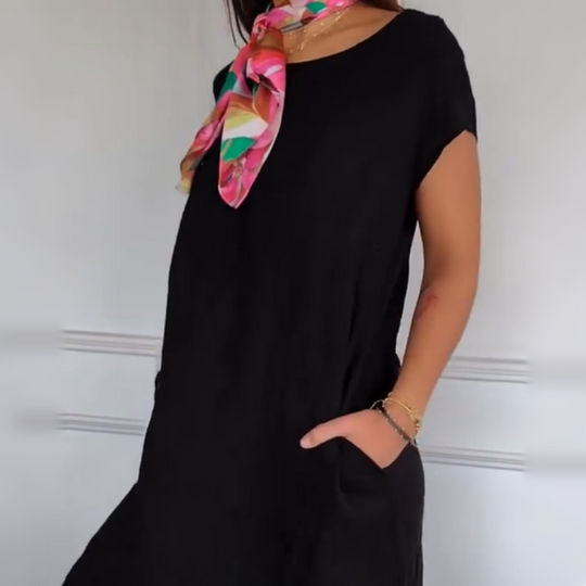 🌼[SNABBREA] Damklänning i bomull och linne med rund hals och kort ärm - 50 % RABATT! Ultra-ventilerande & Anti-rynkor | Sommaressentiellt