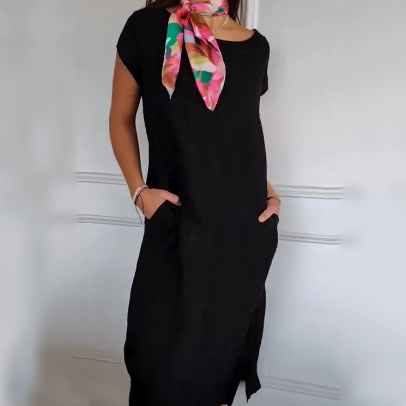 🌼[SNABBREA] Damklänning i bomull och linne med rund hals och kort ärm - 50 % RABATT! Ultra-ventilerande & Anti-rynkor | Sommaressentiellt