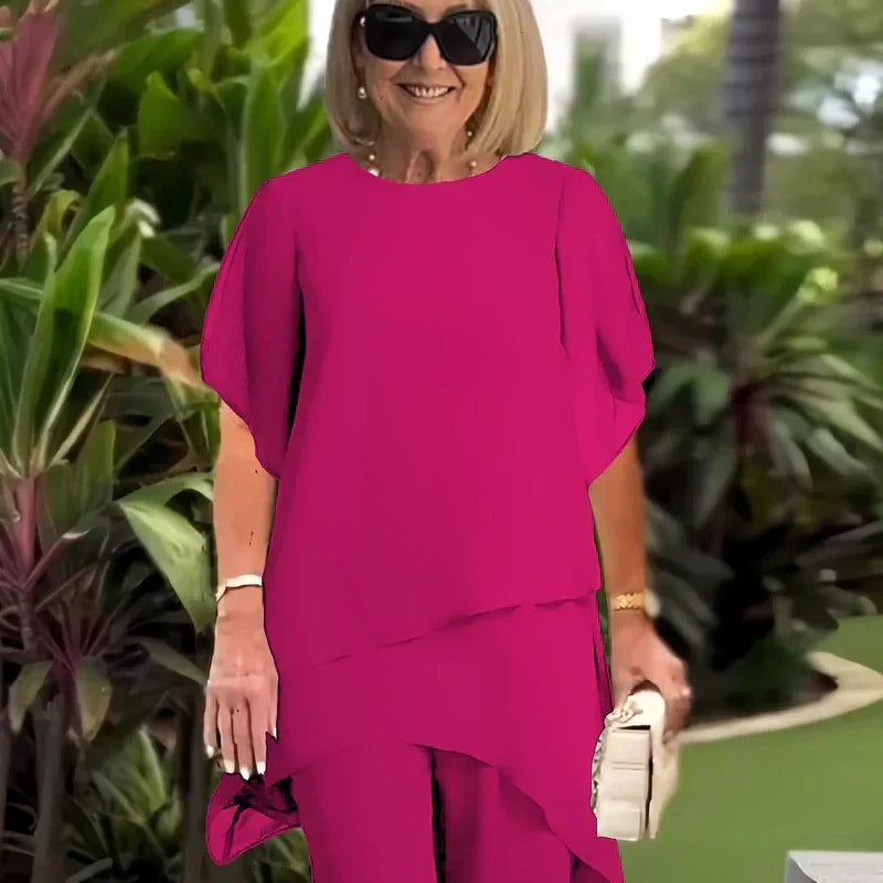 🦋【50 % RABATT】Bezauberndes asymmetrisches Top & Set mit weiten Hosenbeinen🦋 | Selbstglättendes Material | Diagonale Nahttechnologie | Hochgeschnittene Hose mit weitem Bein