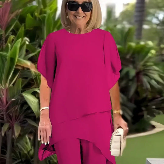 🦋【50 % RABATT】Bezauberndes asymmetrisches Top & Set mit weiten Hosenbeinen🦋 | Selbstglättendes Material | Diagonale Nahttechnologie | Hochgeschnittene Hose mit weitem Bein