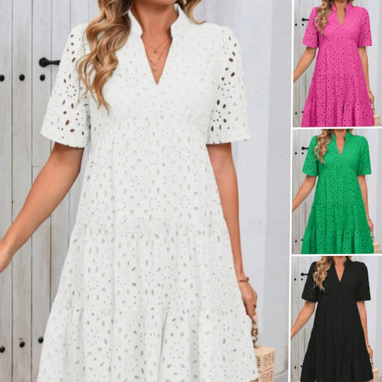 💥50% OFF💥Women's V-Neck A-Line Cutout Printed Dress  | V-Neck Elongation Effect | A-Line Flow Skirt (Insta-Waist Guaranteed)