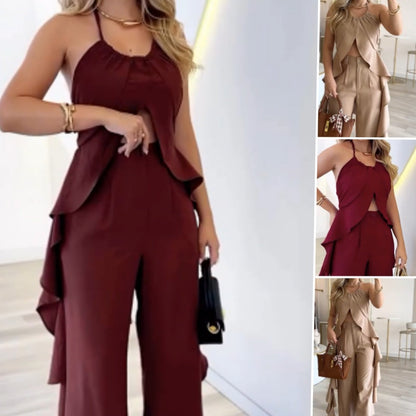 🦋Women's Backless Top & Loose Wide Leg Pants Set 🦋 | Diagonal Pocket Placement | Fluid Drape Fabric | No Static Cling (For Pear/Apple Shapes)