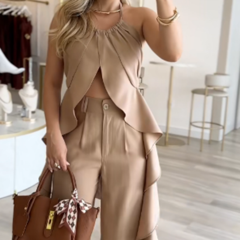 🦋Topp uten rygg for kvinner & Løse, vide benbukser i sett 🦋 | Diagonal lommeplassering | Flytende draperende stoff | Ingen statisk elektrisitet (for pære-/epleformer)