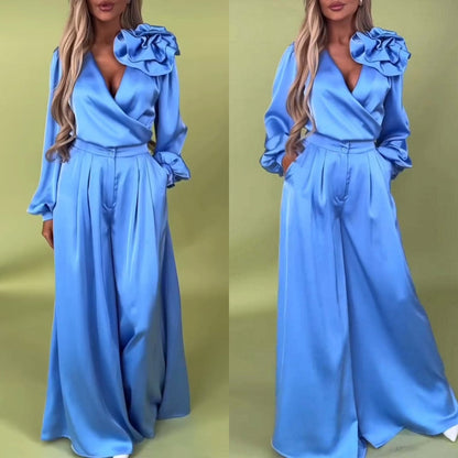 🌸NEW HOT SALE🌸Effortless Elegance! ✨ Women’s V-Neck Top & Wide-Leg Pants 2-Piece Set💃 – Chic & Comfortable!